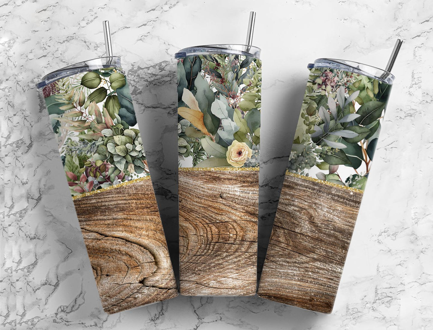 Woodgrain greenery  20oz Sublimation Tumbler Designs, half split 9.2 x 8.3” Straight Skinny Tumbler Wrap PNG