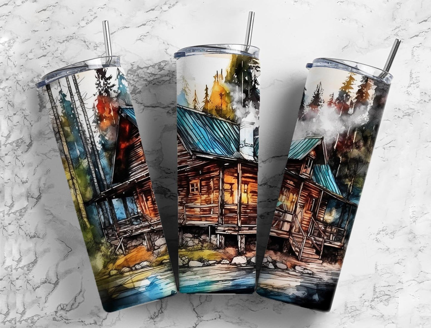 Cabin house 20oz Sublimation Tumbler Designs, Forest landscape 9.2 x 8.3” Straight Skinny Tumbler Wrap PNG