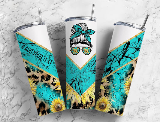 Sunflower Turquoise 20oz Sublimation Tumbler Designs, Messy BunV Split 9.2 x 8.3” Straight Skinny Tumbler Wrap PNG, Leopard Print 1