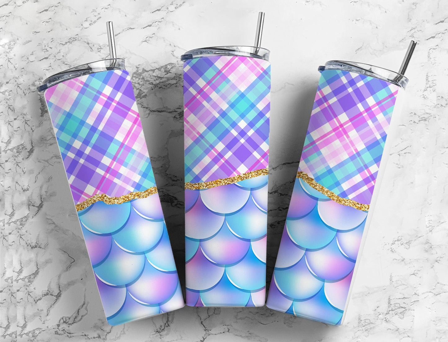 Purple Fish scale 20oz Sublimation Tumbler Designs, pastel gingham 9.2 x 8.3” Straight Skinny Tumbler Wrap PNG