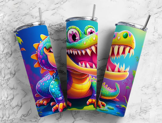 Cartoon crocodile 20oz Sublimation Tumbler Designs, Rainbow colorful 9.2 x 8.3” Straight Skinny Tumbler Wrap PNG