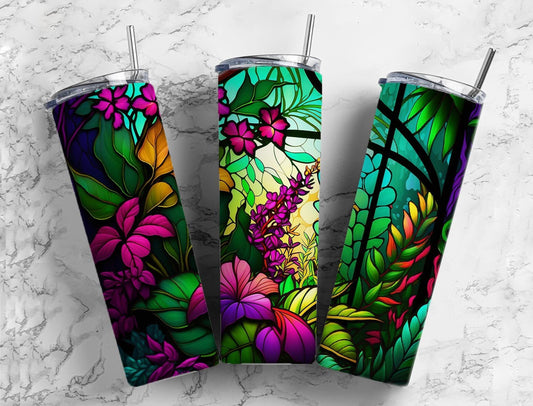 Stained glass Floral 20oz Sublimation Tumbler Designs, Colorful neon 9.2 x 8.3” Straight Skinny Tumbler Wrap