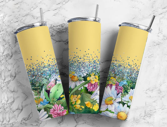 Boho Flower 20oz Sublimation Tumbler Designs, Iridescent Glitter Yellow 9.2 x 8.3” Straight Skinny Tumbler, PNG 132