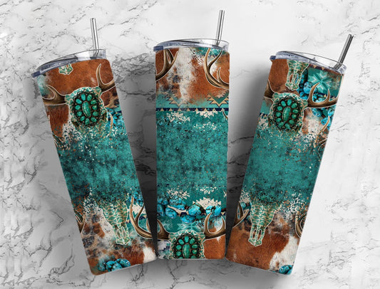 Turquoise Cow Hide 20oz Sublimation Tumbler Designs, Brown Teal Leather 9.2 x 8.3” Straight Skinny Tumbler Wrap, Country Western PNG