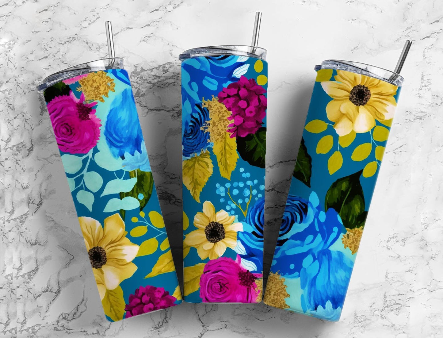 Colorful floral 20oz Sublimation Tumbler Designs, Blue and purple 9.2 x 8.3” Straight Skinny Tumbler Wrap PNG