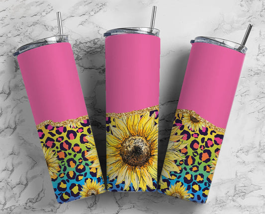 Hot Pink SunFlower 20oz Sublimation Tumbler Designs,Rainbow Leopard Print 9.2 x 8.3” Straight Skinny Tumbler Wrap PNG, Gold Agate 161