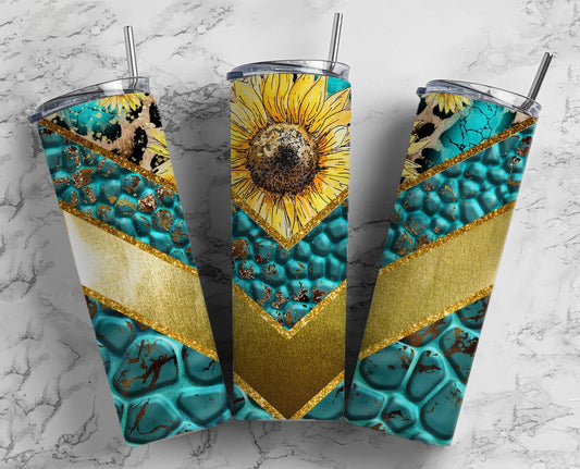 Sunflower Teal 20oz Sublimation Tumbler Designs, Gold V Split 9.2 x 8.3” Straight Skinny Tumbler Wrap