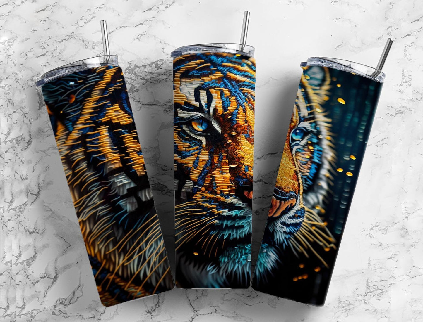 Tiger mosaic tile 20oz Sublimation Tumbler Designs, orange mosaic 9.2 x 8.3” Straight Skinny Tumbler Wrap PNG