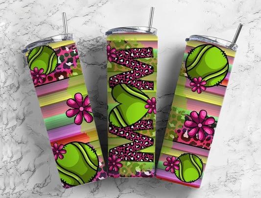 Tennis mom 20oz Sublimation Tumbler Designs, Pink floral 9.2 x 8.3” Straight Skinny Tumbler Wrap PNG