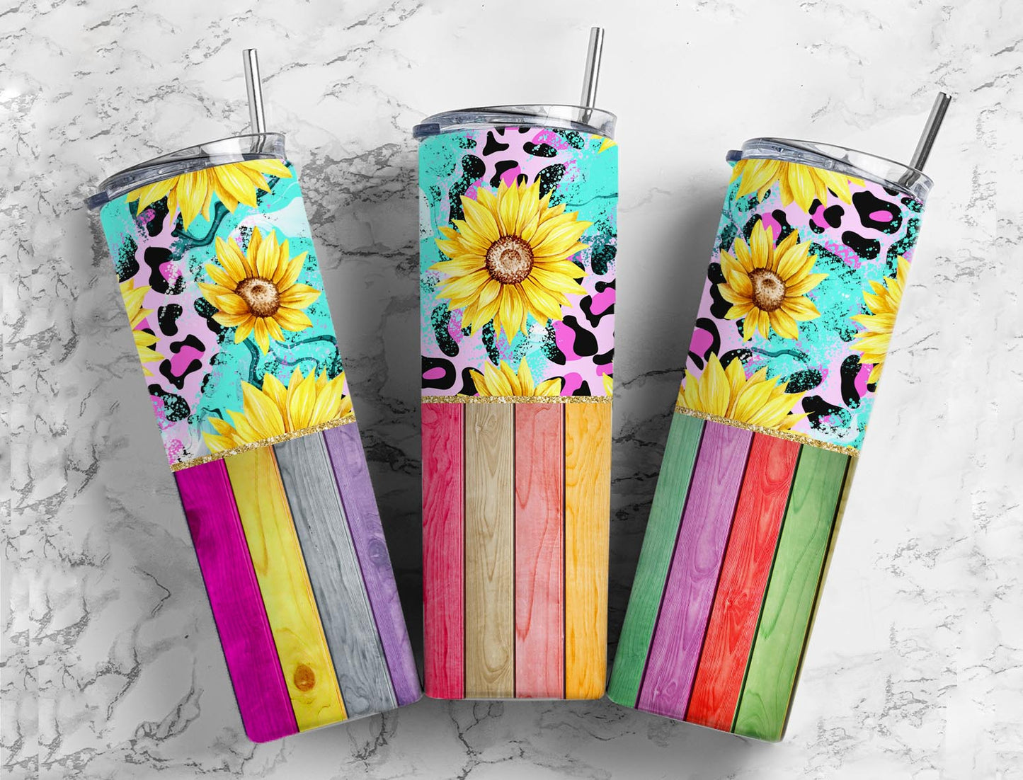 Sunflower Rainbow Rustic  20oz Sublimation Tumbler Designs, half split 9.2 x 8.3” Straight Skinny Tumbler Wrap PNG