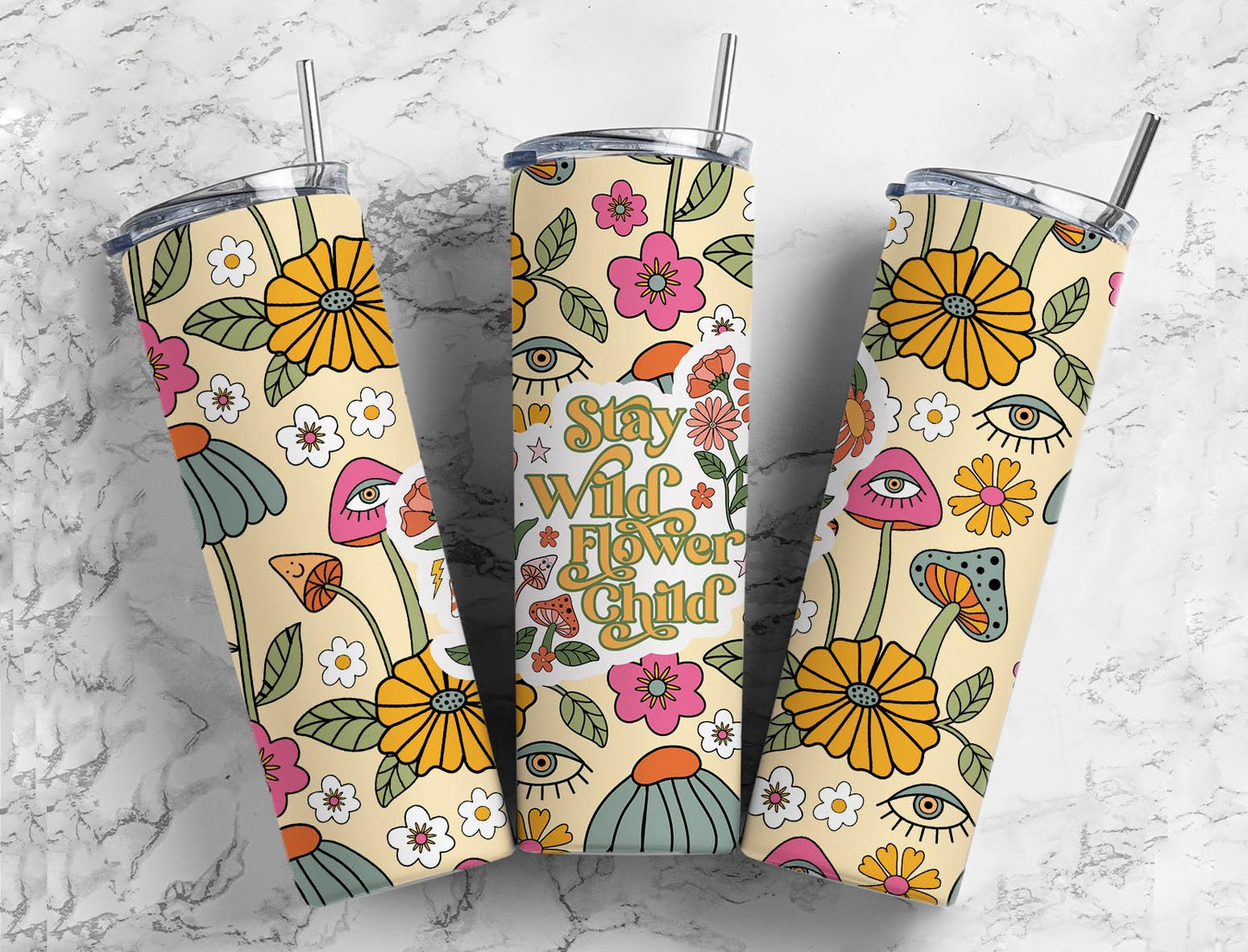 Stay wild flower child floral hippie 20oz Sublimation Tumbler Designs, 9.2 x 8.3” Straight Skinny Tumbler Wrap PNG