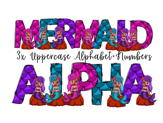 Mermaid Doodle Letters, Mermaid Alphabet, Mermaid Alphabet PNG, Entire Doodle Alphabet Uppercase Lowercase Numbers PNG