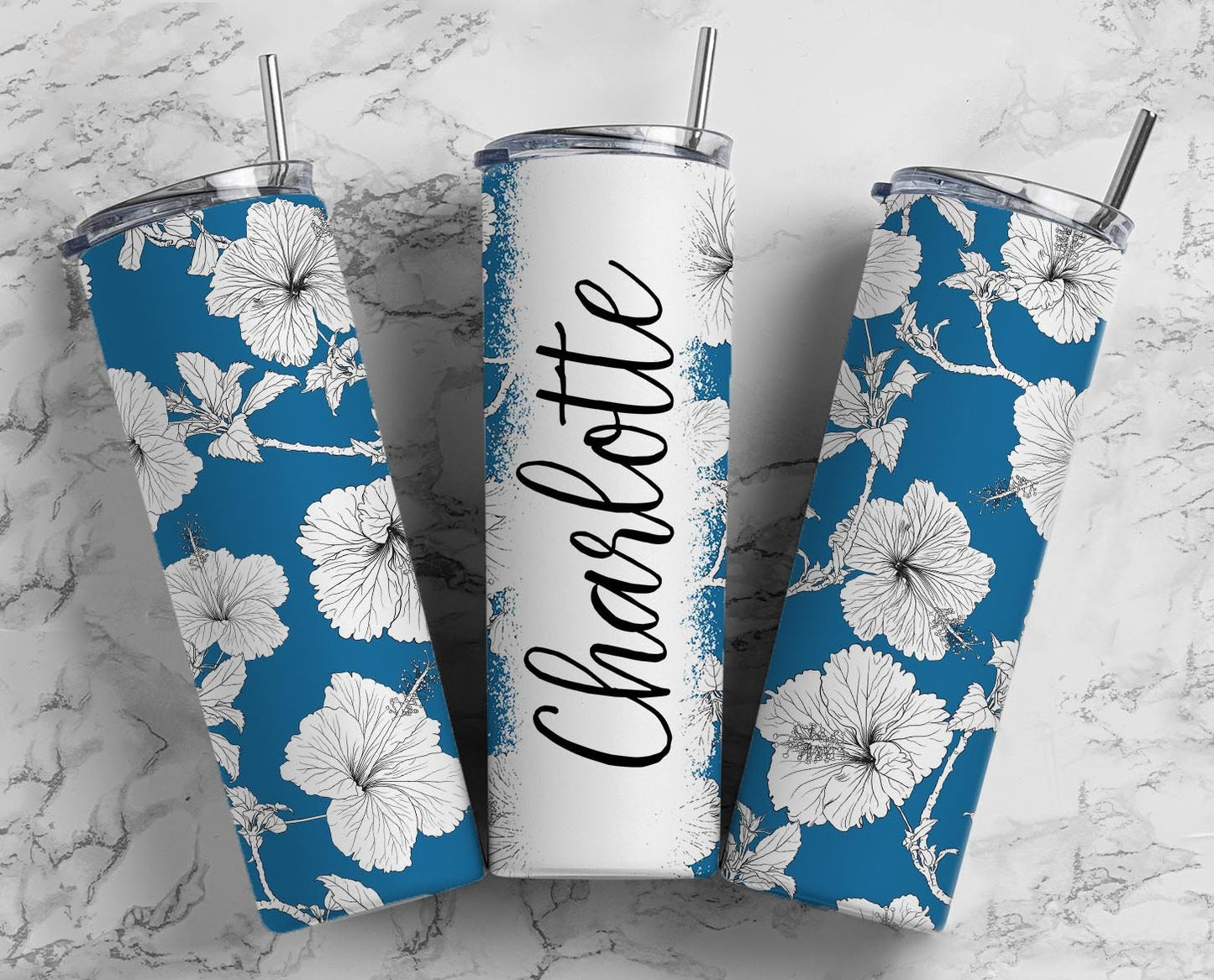 Blue floral 20oz Sublimation Tumbler Designs, fine line 9.2 x 8.3” Straight Skinny Tumbler Wrap PNG