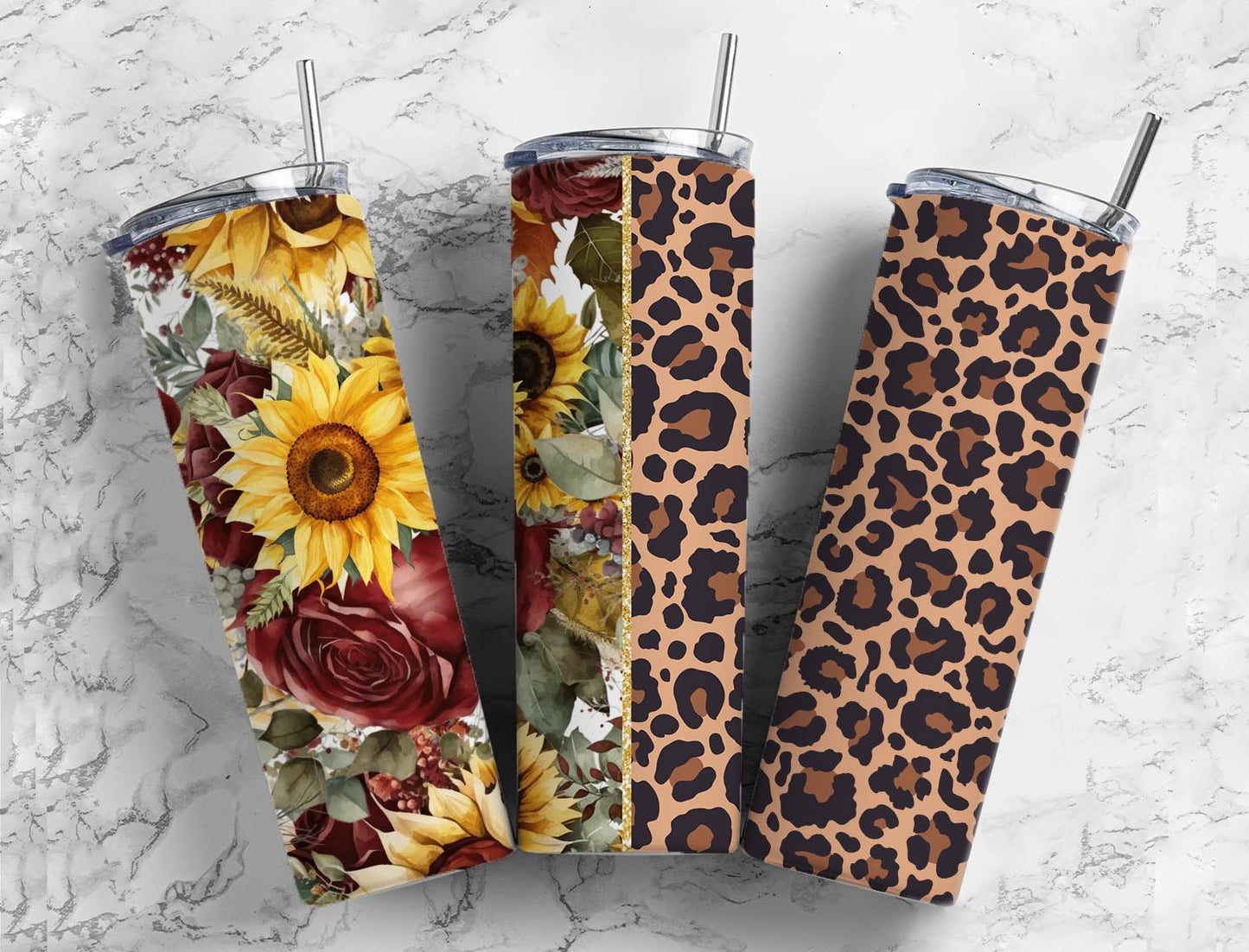 Sunflower rose leopard Print  20oz Sublimation Tumbler Designs, half split 9.2 x 8.3” Straight Skinny Tumbler Wrap PNG