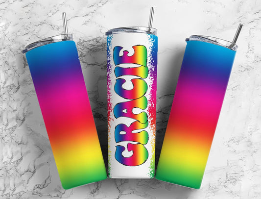 Rainbow Ombre 20oz Tumbler Wrap with Matching Retro Doodle Letter, Aesthetic Alphabet PNG, Add your Own name Tumbler