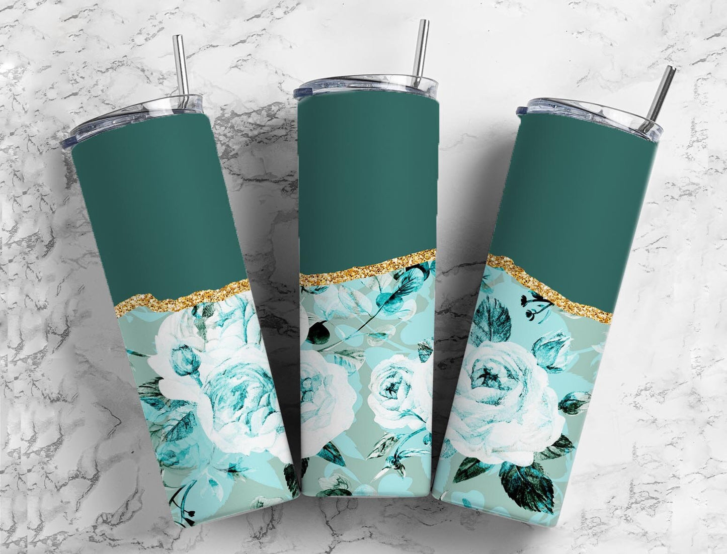 Retro Floral 20oz Sublimation Tumbler Designs, Agate Glitter Green 9.2 x 8.3” Straight Skinny Tumbler Wrap PNG