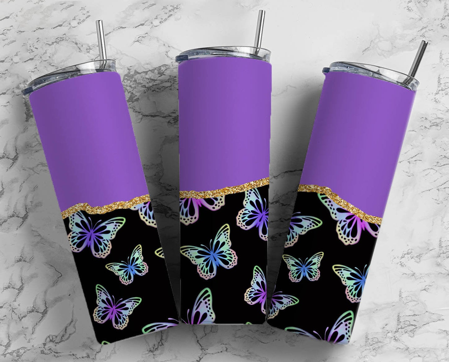 Purple Butterfly 20oz Sublimation Tumbler Designs, Glitter Gold Agate Line 9.2 x 8.3” Straight Skinny Tumbler Wrap PNG 178