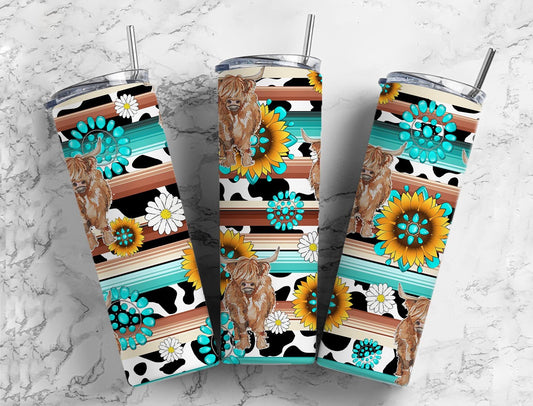 Teal Highland Bull 20oz Sublimation Tumbler Designs, Country Cow 9.2 x 8.3” Straight Skinny Tumbler Wrap, Serape Tumbler PNG