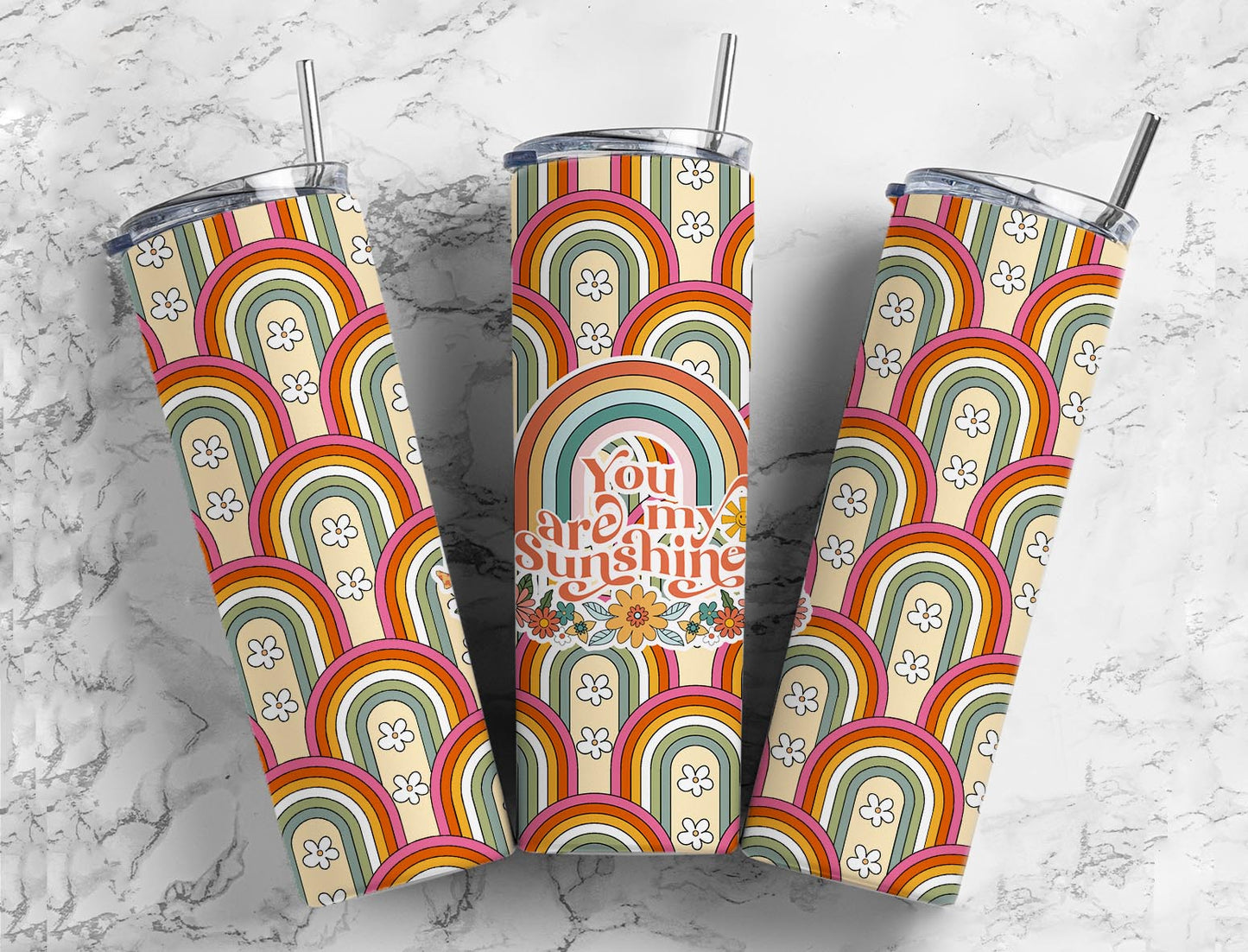 Retro rainbow You are my sunshine 20oz Sublimation Tumbler Designs, 9.2 x 8.3” Straight Skinny Tumbler Wrap PNG