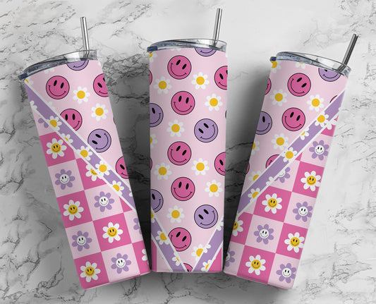 Checker Retro 20oz Sublimation Tumbler Designs, Pink Smiley Face V Split 9.2 x 8.3” Straight Skinny Tumbler Wrap PNG 86