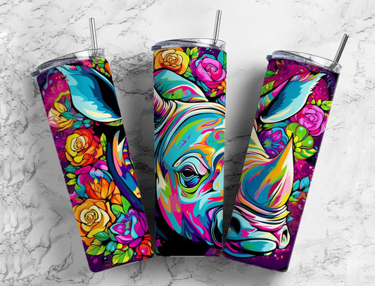 Rainbow rhinoceros 20oz Sublimation Tumbler Designs, rose floral 9.2 x 8.3” Straight Skinny Tumbler Wrap PNG