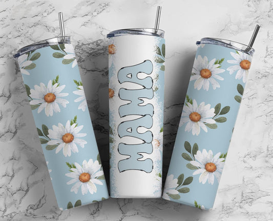 Blue Floral 20oz Sublimation Tumbler Designs, Retro Mama 9.2 x 8.3” Straight Skinny Tumbler Wrap PNG, Mom Tumbler