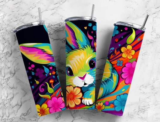 Rabbit 20oz Sublimation Tumbler Designs, Floral colorful 9.2 x 8.3” Straight Skinny Tumbler Wrap PNG