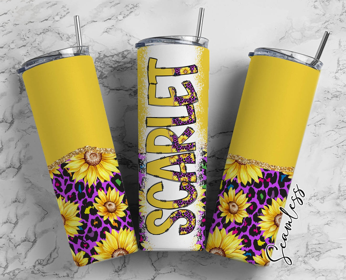 Yellow Sunflower Tumbler Wrap with Matching Doodle Letter Alphabet PNG, Leopard Print Add your Own name 20oz Tumbler, Alpha Set PNG 30