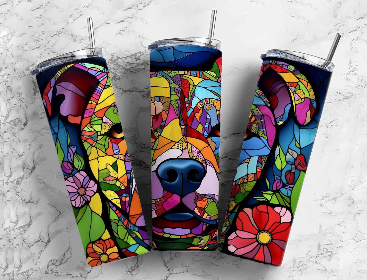 Rainbow Staffordshire terrier 20oz Sublimation Tumbler Designs, Stained glass 9.2 x 8.3” Straight Skinny Tumbler Wrap PNG