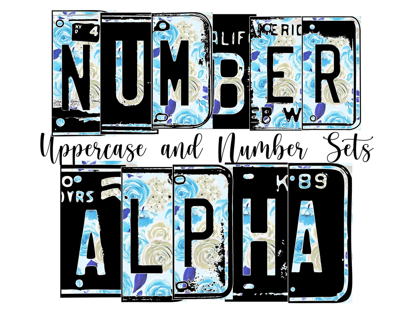 Baby Blue Floral Number Plate Alphabet Uppercase Numbers PNG, Minimalist SimpleAlphabet PNG Digital Download