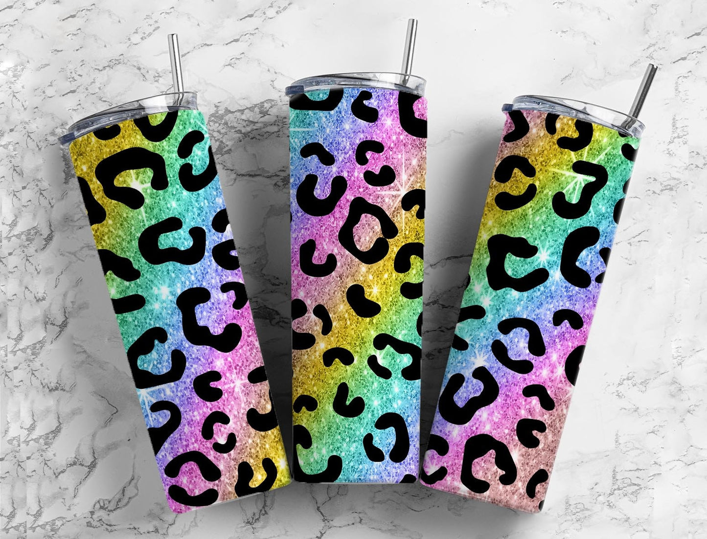 Rainbow colorful glitter gradient 20oz Sublimation Tumbler Designs, Leopard print 9.2 x 8.3” Straight Skinny Tumbler Wrap PNG