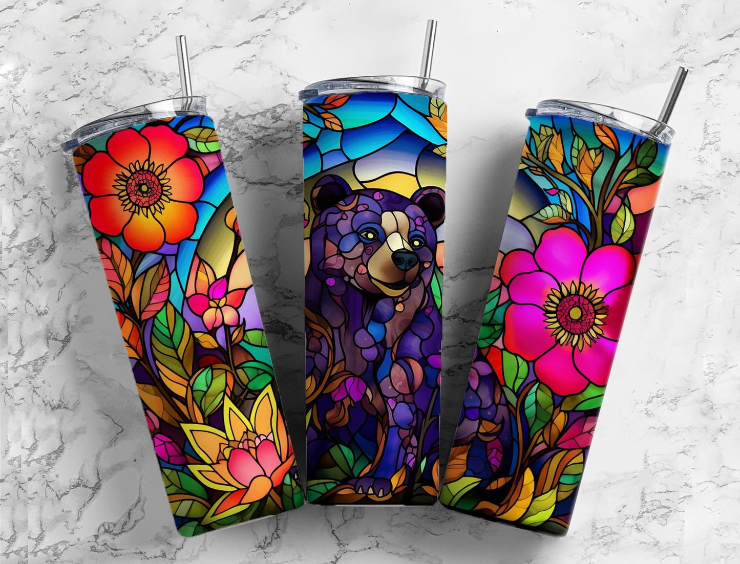 Stained glass floral 20oz Sublimation Tumbler Designs, Black bear 9.2 x 8.3” Straight Skinny Tumbler Wrap PNG