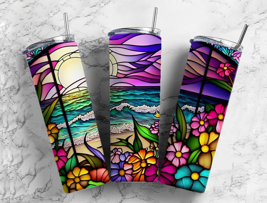 Stained glass beach 20oz Sublimation Tumbler Designs, rainbow floral 9.2 x 8.3” Straight Skinny Tumbler Wrap