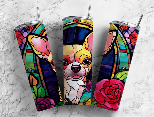 Chihuahua stained glass 20oz Sublimation Tumbler Designs, Colorful floral 9.2 x 8.3” Straight Skinny Tumbler Wrap PNG