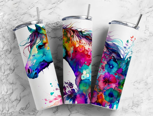 Alcohol ink horse 20oz Sublimation Tumbler Designs, Colorful rainbow 9.2 x 8.3” Straight Skinny Tumbler Wrap PNG