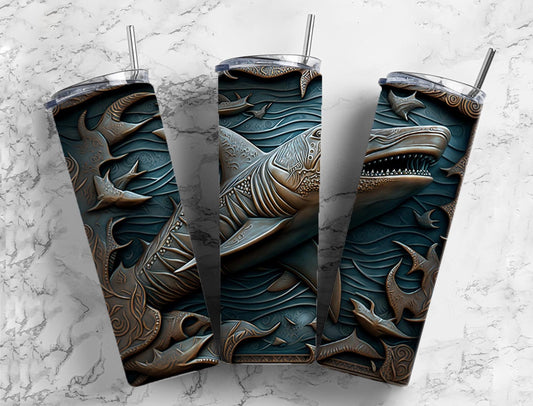 Tooled leather shark 20oz Sublimation Tumbler Designs, Engraved leather 9.2 x 8.3” Straight Skinny Tumbler Wrap PNG