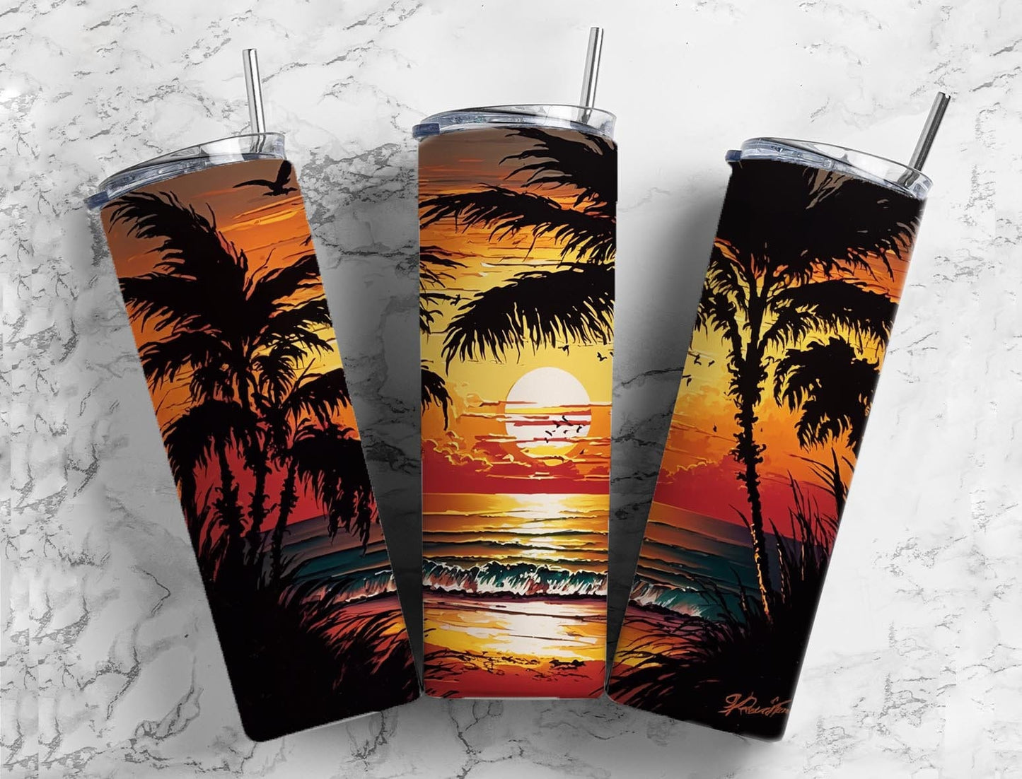 Beach palm tree 20oz Sublimation Tumbler Designs, ocean sunset 9.2 x 8.3” Straight Skinny Tumbler Wrap PNG