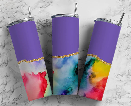 Rainbow Alcohol Ink 20oz Sublimation Tumbler Designs, Purple Gold Agate Line 9.2 x 8.3” Straight Skinny Tumbler Wrap PNG 171