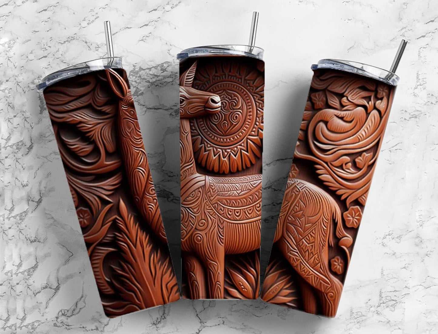 Tooled leather alpaca 20oz Sublimation Tumbler Designs, Leather engraved 9.2 x 8.3” Straight Skinny Tumbler Wrap