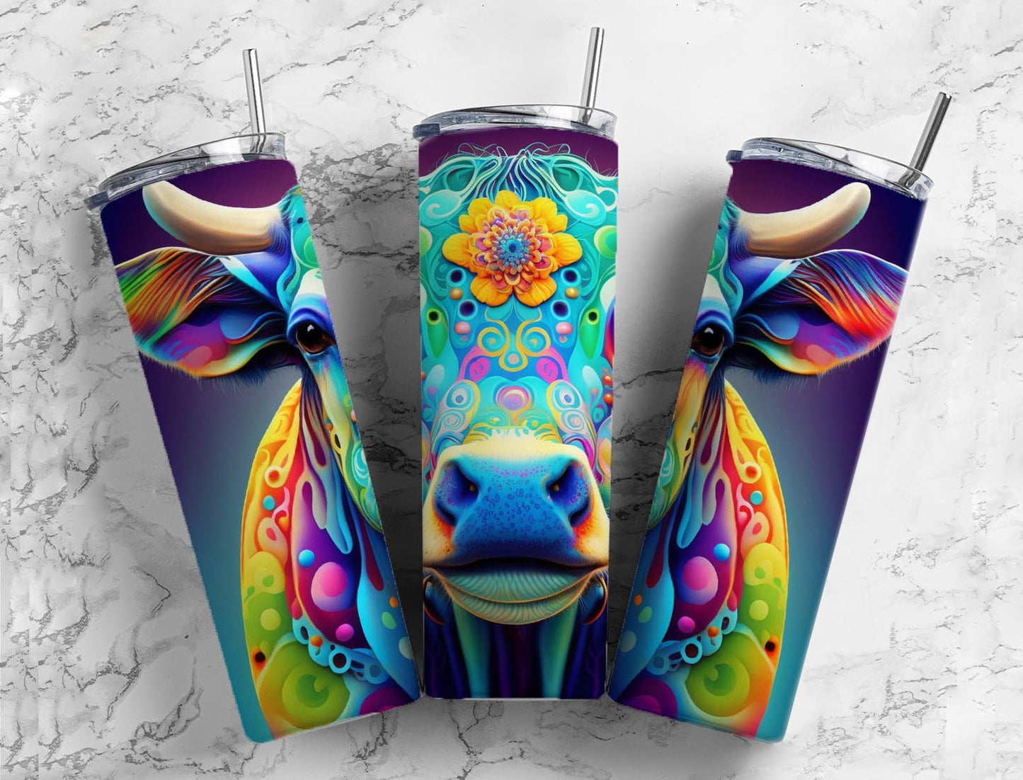 Colorful cow 20oz Sublimation Tumbler Designs, Neon rainbow 9.2 x 8.3” Straight Skinny Tumbler Wrap PNG