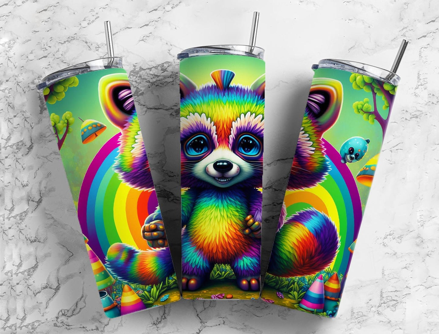 Cartoon raccoon 20oz Sublimation Tumbler Designs, Colorful rainbow 9.2 x 8.3” Straight Skinny Tumbler Wrap PNG