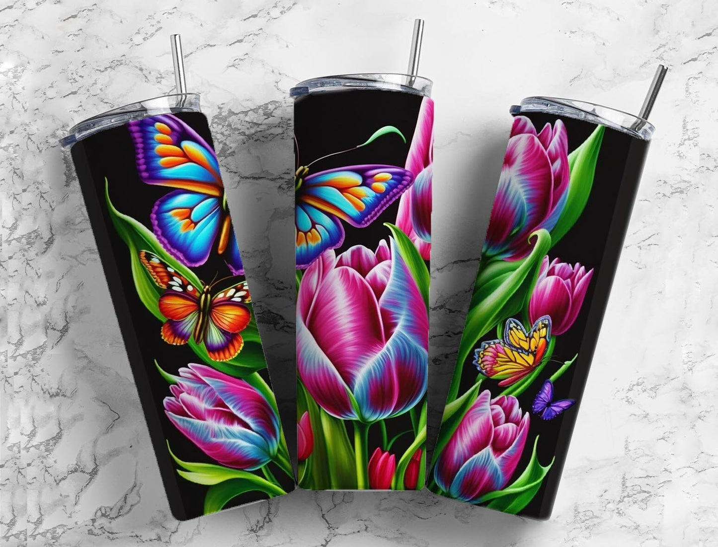 Butterflies floral 20oz Sublimation Tumbler Designs, Rainbow neon 9.2 x 8.3” Straight Skinny Tumbler Wrap PNG