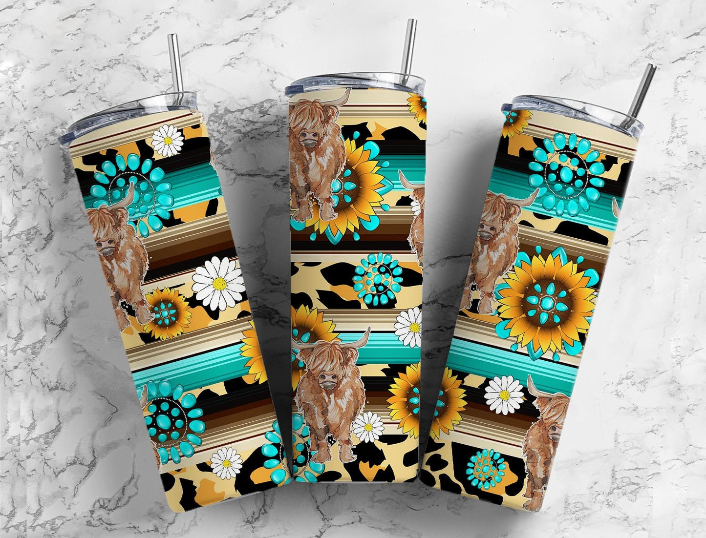 Serape Sunflower 20oz Sublimation Tumbler Designs, Boho Leopard Print 9.2 x 8.3” Straight Skinny Tumbler, Mint Wrap PNG