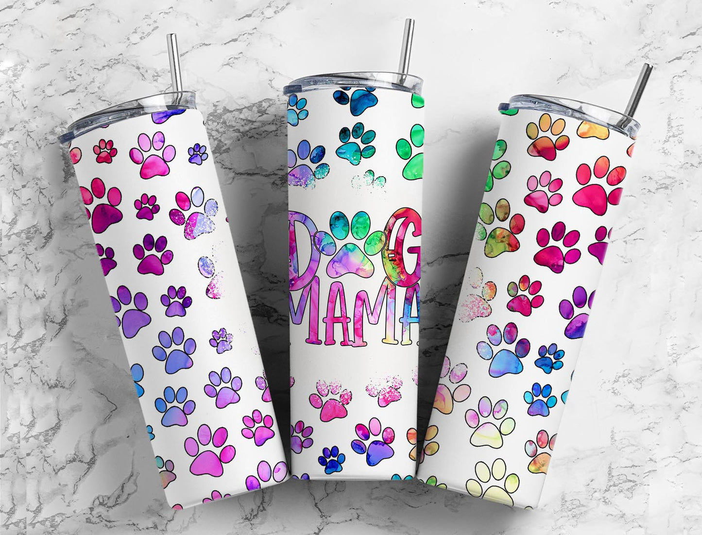 Rainbow Paws 20oz Sublimation Tumbler Designs, Dog Mama 9.2 x 8.3” Straight Skinny Tumbler PNG