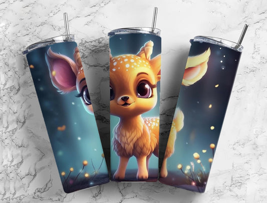 Baby deer 20oz Sublimation Tumbler Designs, forest fireflies 9.2 x 8.3” Straight Skinny Tumbler Wrap PNG