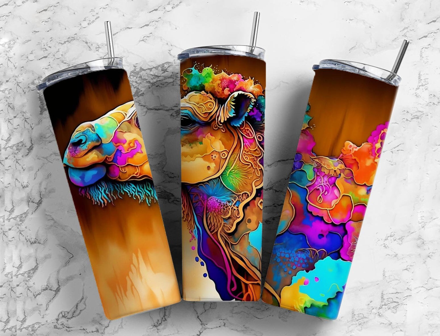 Alcohol ink camel 20oz Sublimation Tumbler Designs, Rainbow colorful 9.2 x 8.3” Straight Skinny Tumbler Wrap PNG