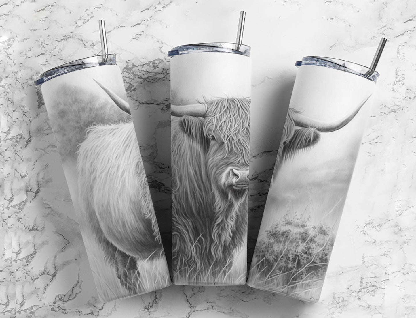 Black and white highland cow 20oz Sublimation Tumbler Designs, country western 9.2 x 8.3” Straight Skinny Tumbler Wrap