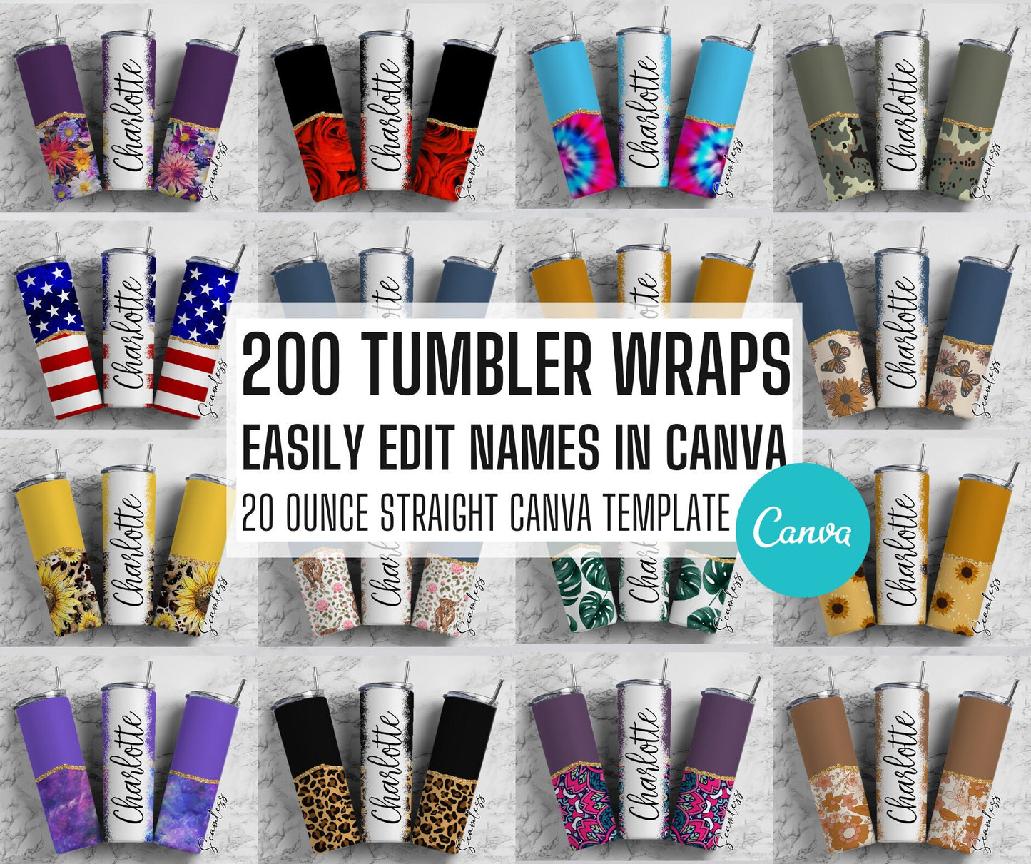 Agate Mega Bundle 200 Editable Canva Tumbler Templates, Add Your Own Name, Canva Template, 9.2x8.3 Seamless Tumbler Wrap Designs