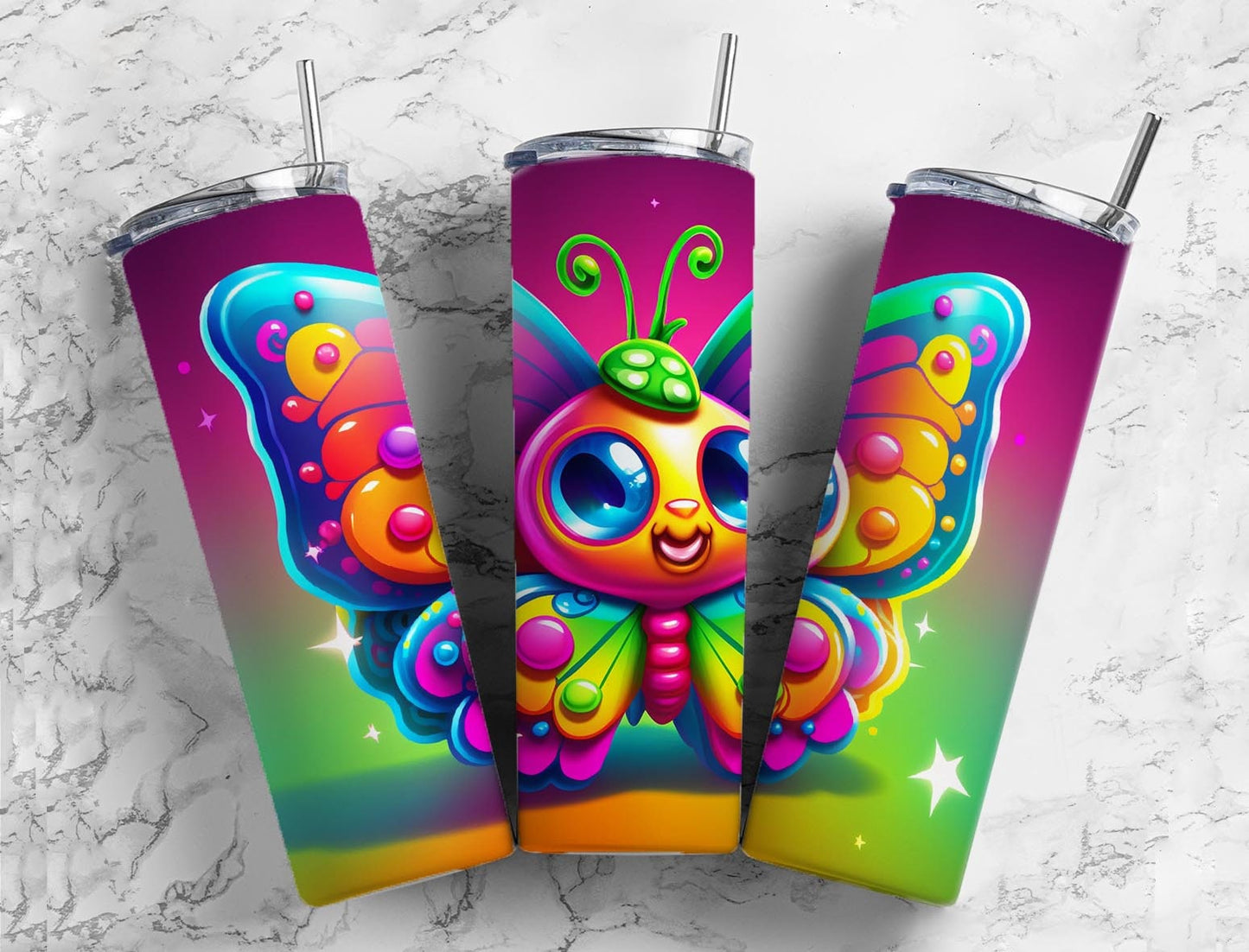 Cartoon butterfly 20oz Sublimation Tumbler Designs, Rainbow colorful 9.2 x 8.3” Straight Skinny Tumbler Wrap PNG