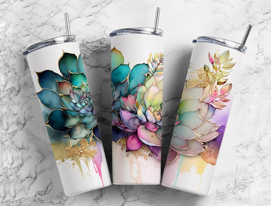 Succulent Garden 20oz Sublimation Tumbler Designs, Alcohol Ink Watercolour 9.2 x 8.3” Straight Skinny Tumbler, Tumbler Wrap PNG